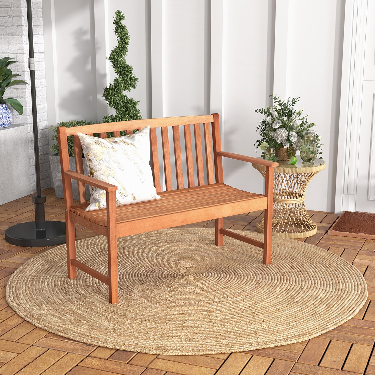 2-seat Patio Wood Bench with Cozy Armrests and Slatted Backrest