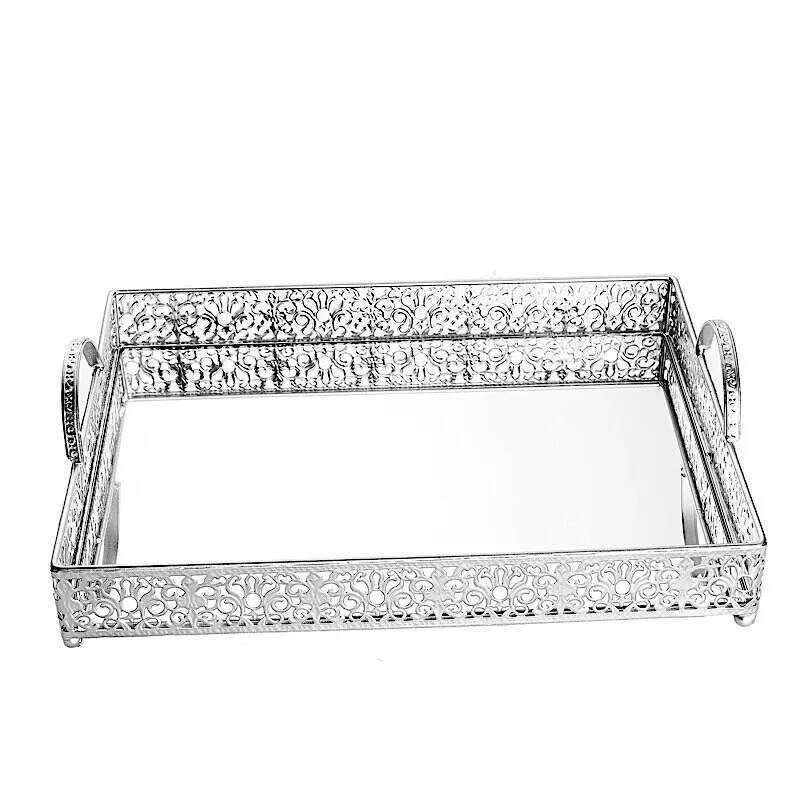16&#x22; tall SILVER Metal Rectangular Rim Mirror Serving Tray Party