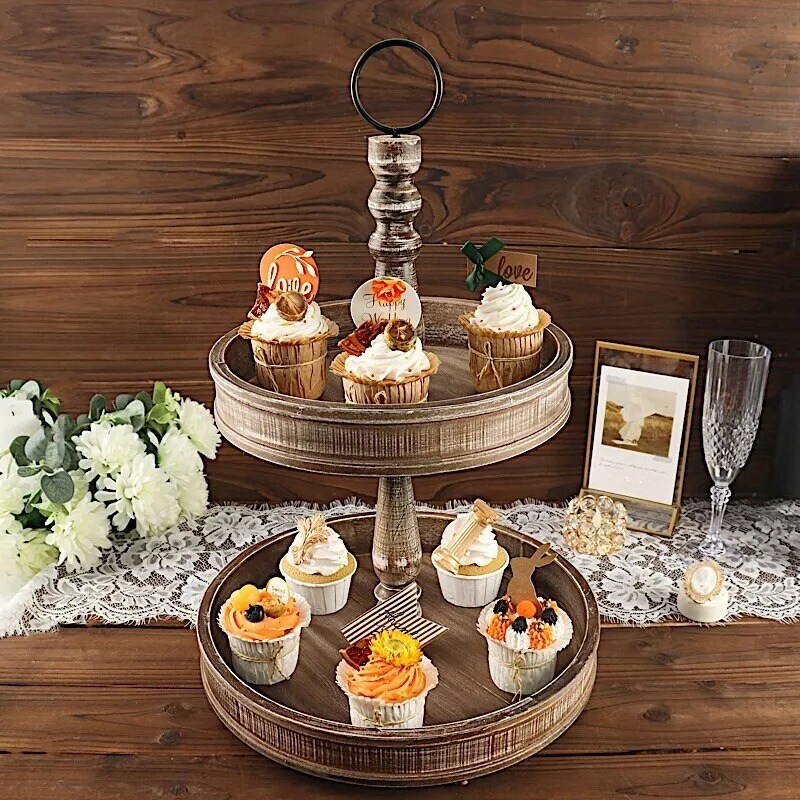 BROWN 20&#x22; Round 2 Tier Wooden CUPCAKE STAND Dessert Serving Tray