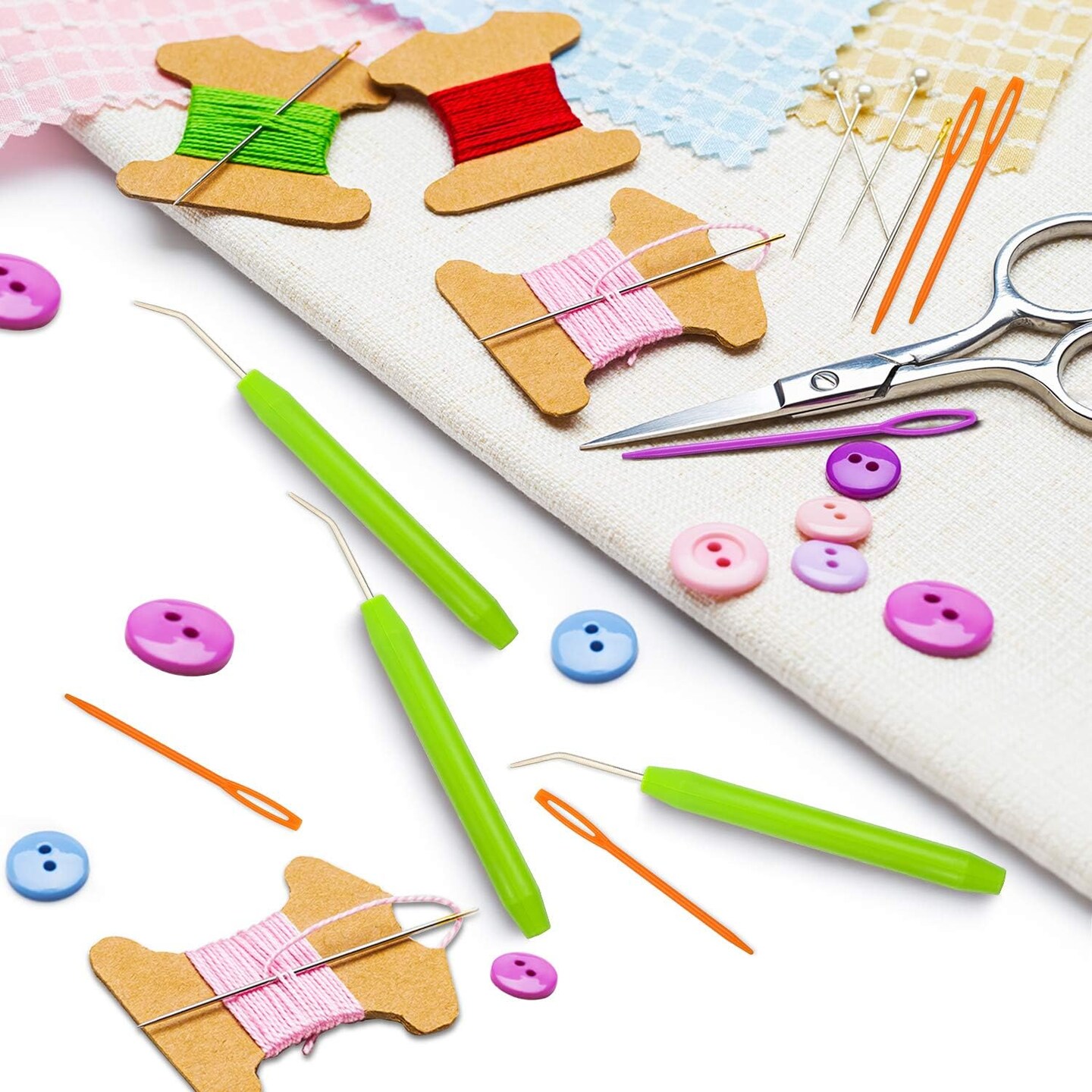 Convenient Knitting Loom Hooks with Rubber Handles and Eye Plastic Sewing Needles 9 Pieces