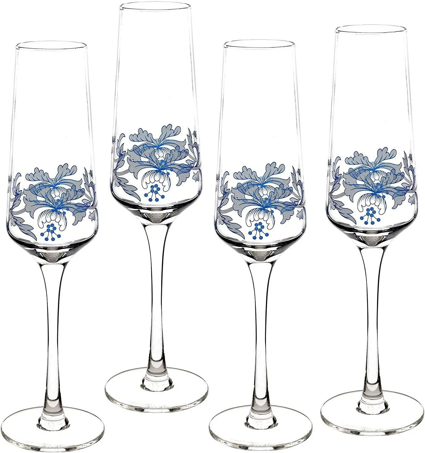 Spode Blue Italian Glass Champagne Flutes, Iconic Design, 8 oz, 4 Set Blue White