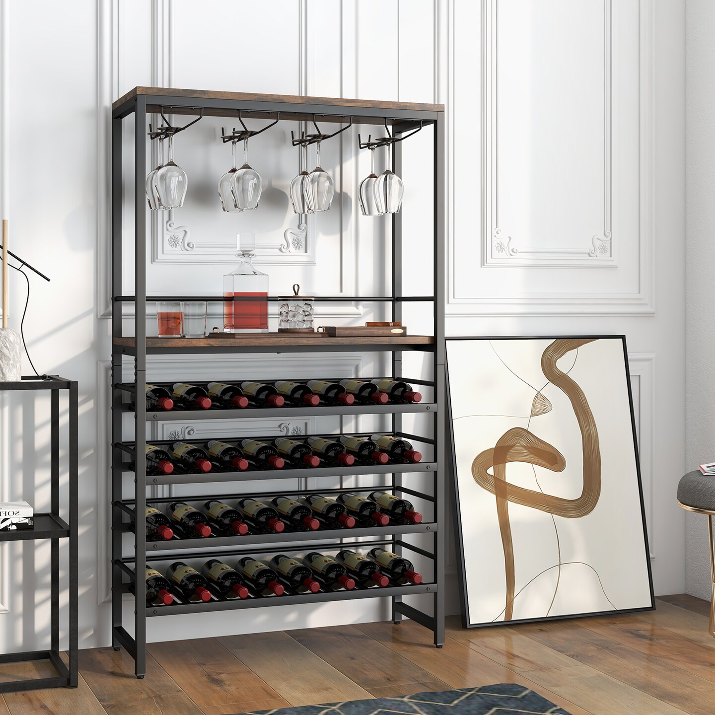 Freestanding Wine Bakers Rack With 4-tier Wine Storage and 4 Rows of Stemware Racks