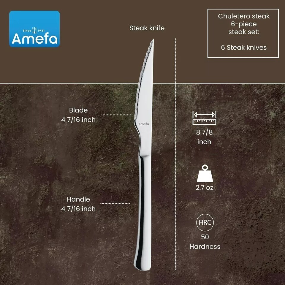 Amefa Chuletero Steak Knives, Set of 6 Micro Serrated Edge 4 Inch Blade
