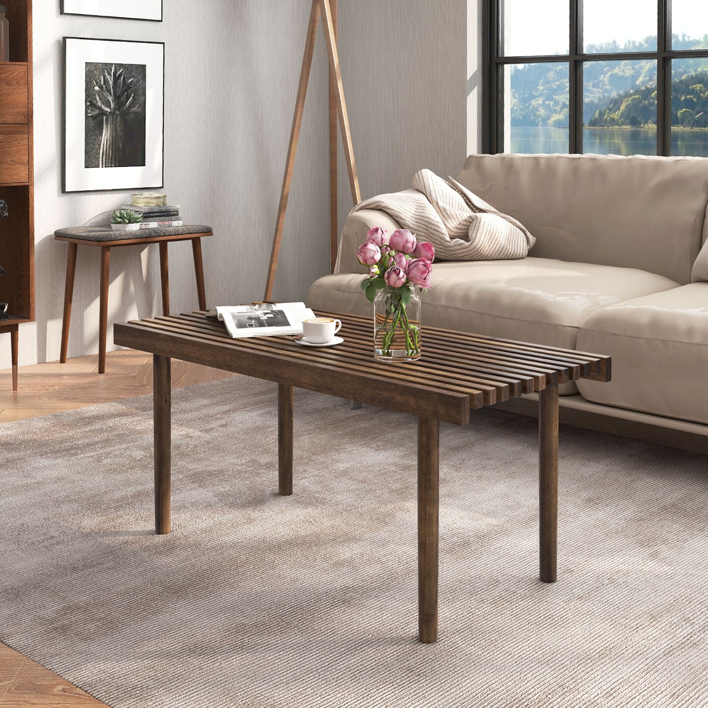 39 Inch Coffee Table With Slatted Tabletop For Living Room &#x26; Reception Room