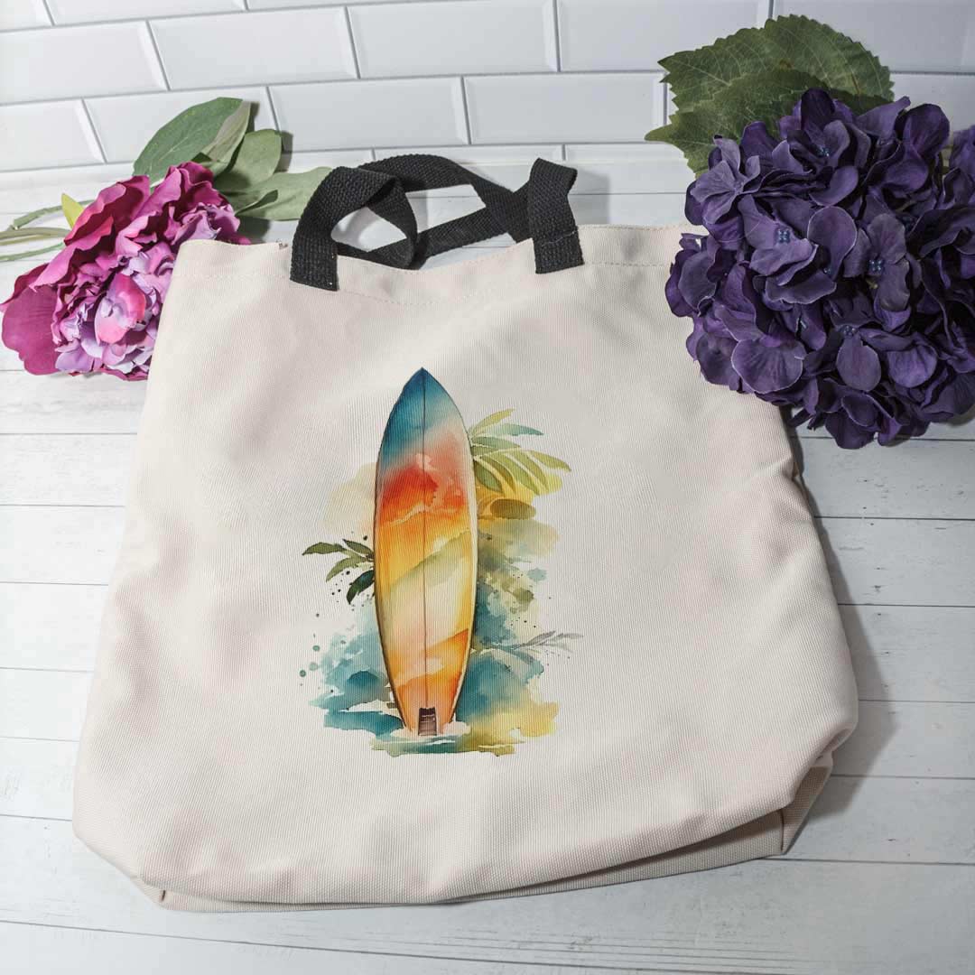 Retro Style Surf Board on Beach Beach Themed Tote Bag Medium Tote Bag