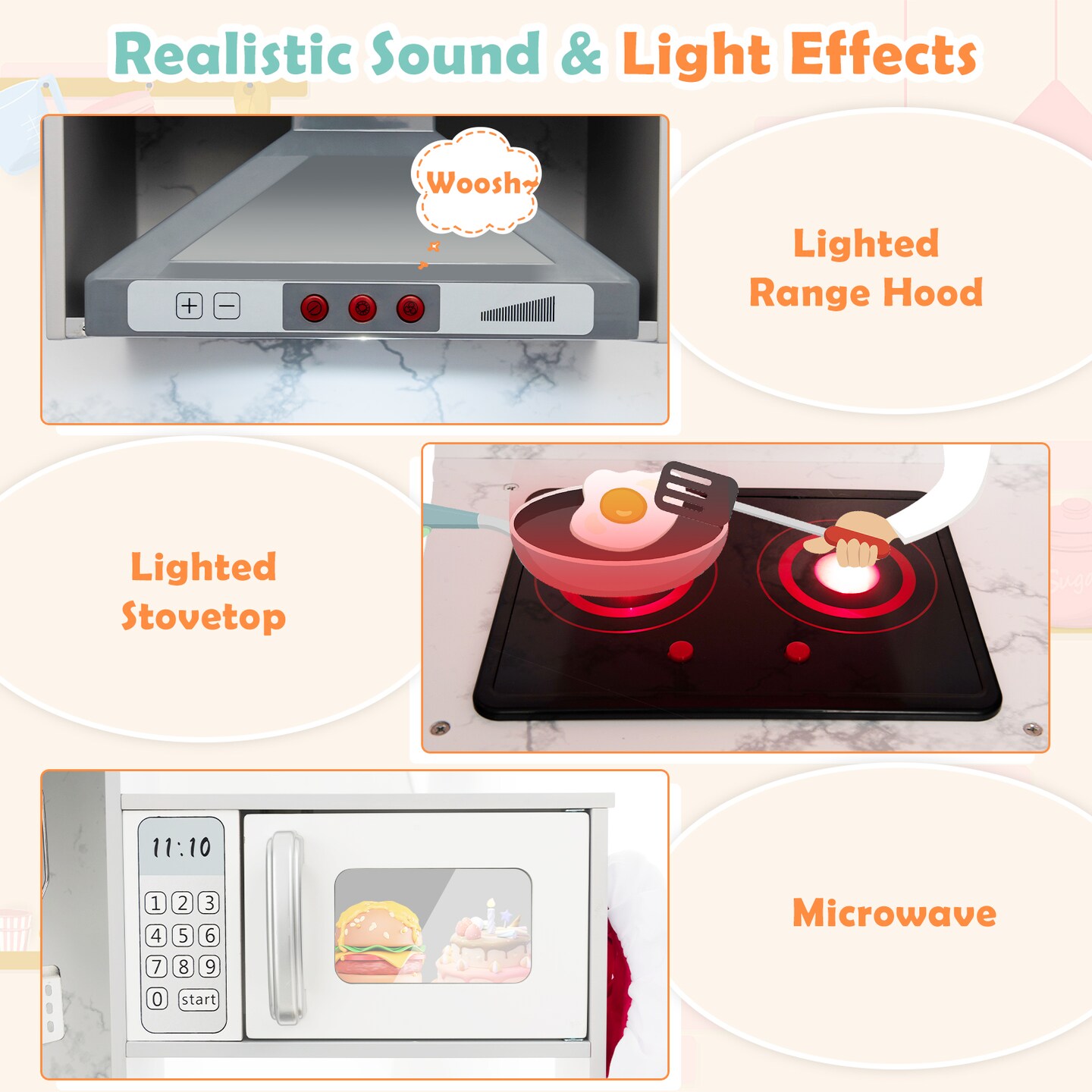 Wooden Kids Play Kitchen Playset With Realistic Lights And Sounds