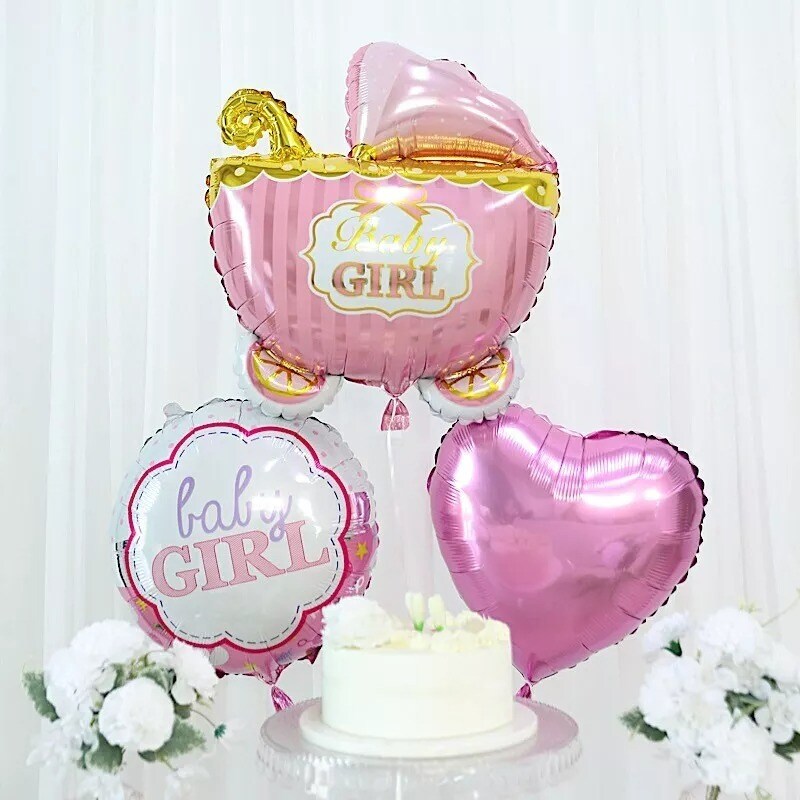5 PINK Round Carriage Stars Baby Shower Mylar Foil BALLOONS