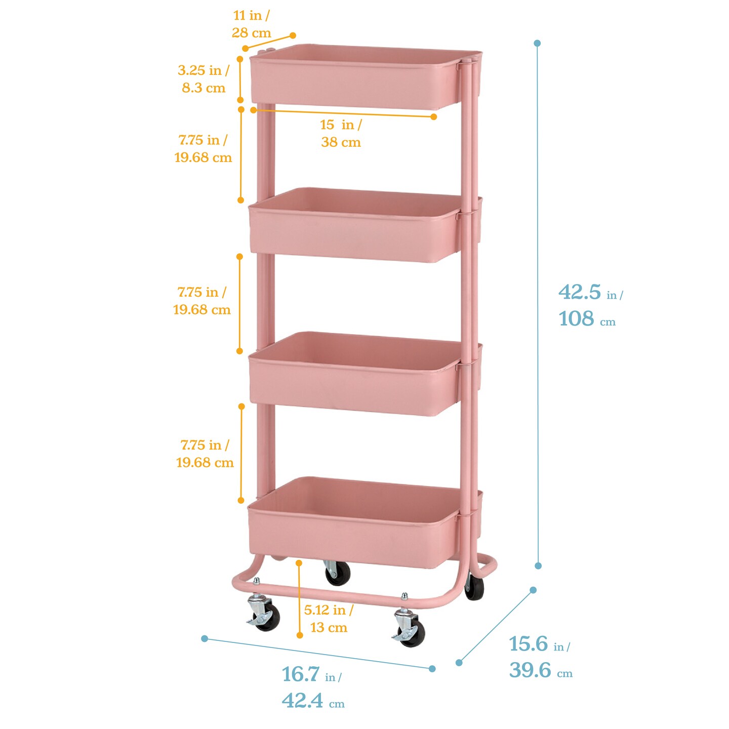 4-Tier Metal Rolling Utility Cart, Mobile Storage Organizer