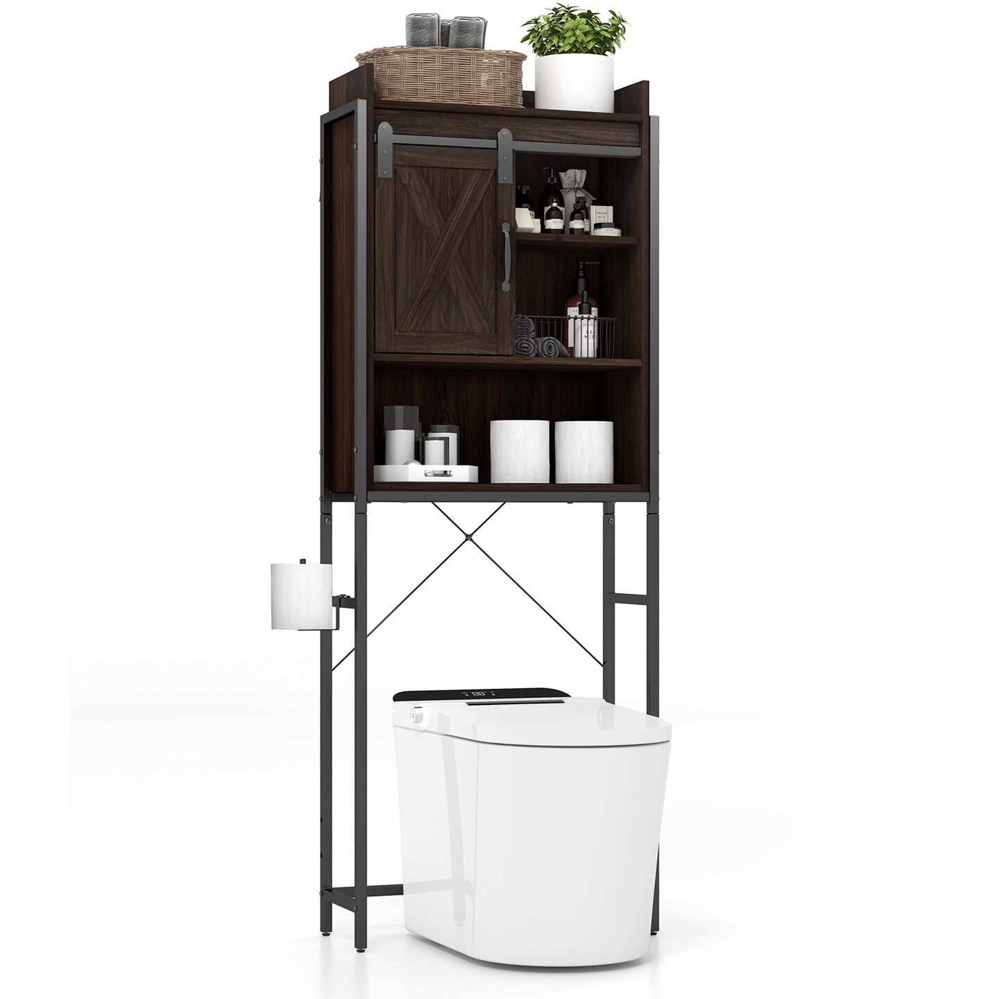 4-tier Multifunctional Toilet Storage Cabinet With Adjustable Shelf And Sliding Barn Door