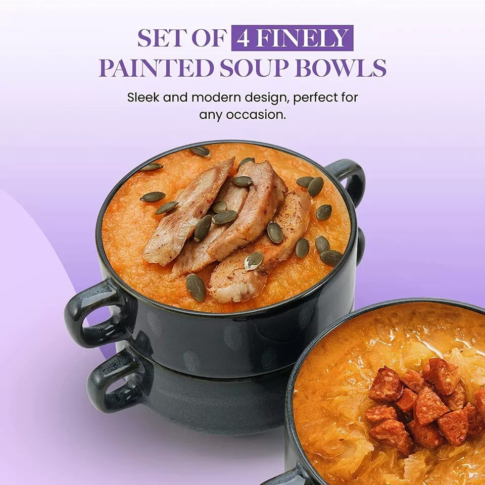 American Atelier Soup Bowls with Handles Set of 4, 16 Oz, Assorted Blue