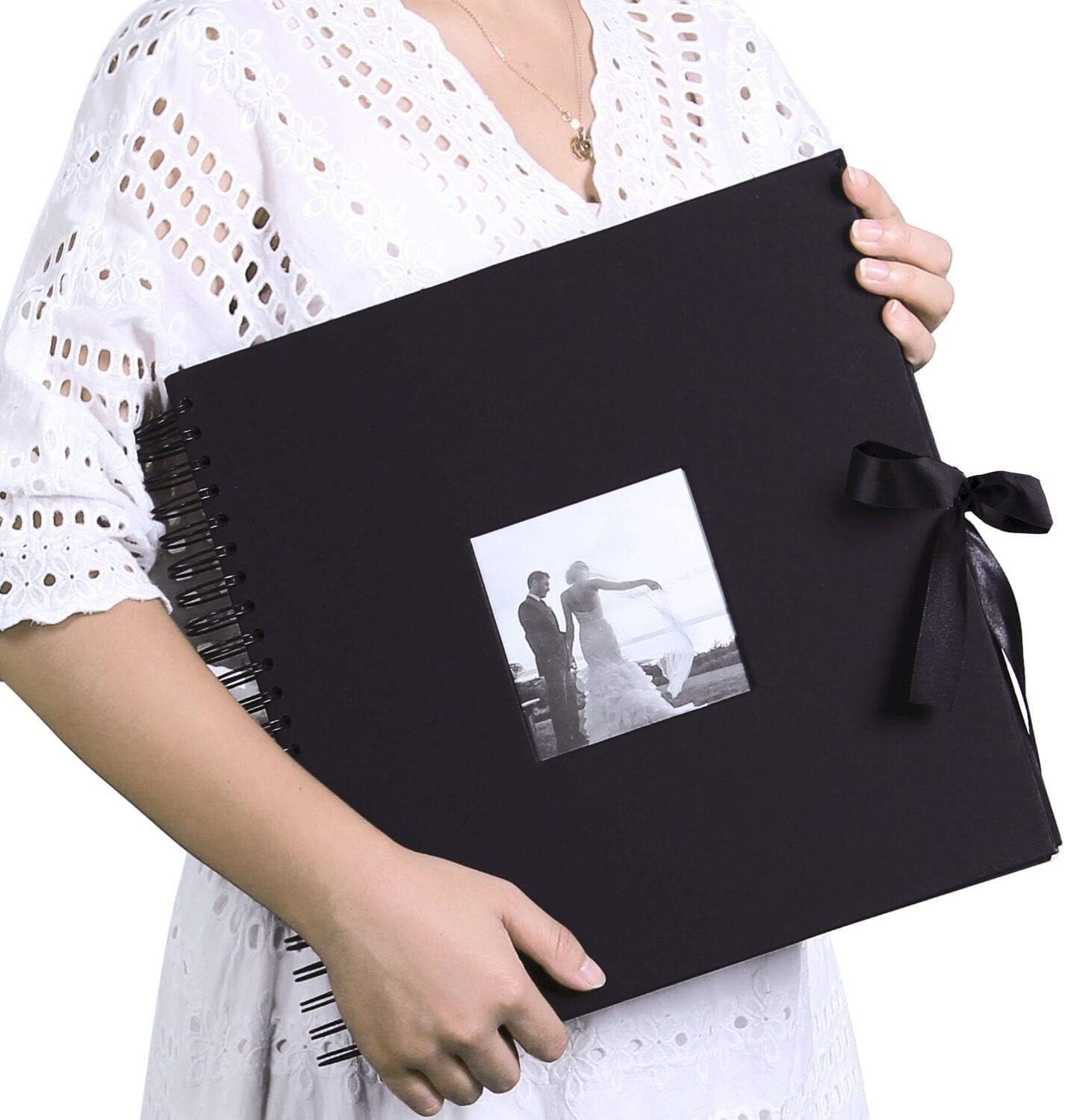 Scrapbook Photo Album with Corner Stickers 12x12 inches DIY with Cover Photo Pocket 80 Pages Silk Ribbon Hardcover Album for Guest Book Wedding Baby Shower Christmas Black
