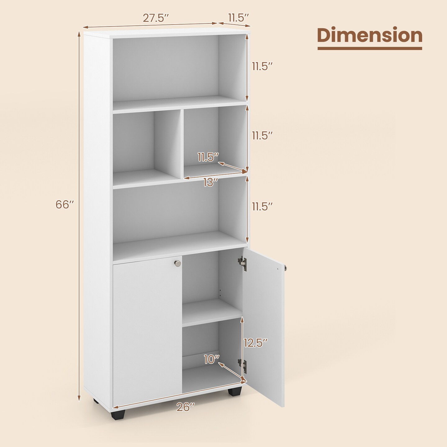 66 Inch Tall Double-door Bookcase With Adjustable Shelf And Storage Cubes-white