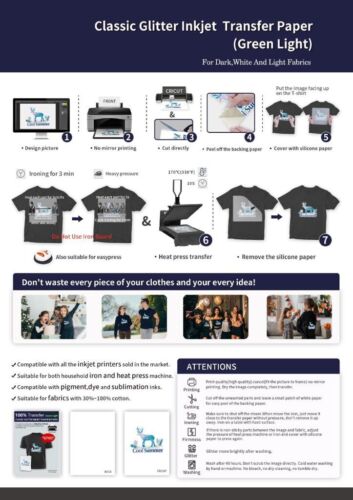 Green Glitter Heat Transfer Paper for Inkjet Printer (5 Sheets, 8.5x11'') Printable Heat Transfer Vinyl for T Shirts Iron on Transfers for Light & Dark Fabrics