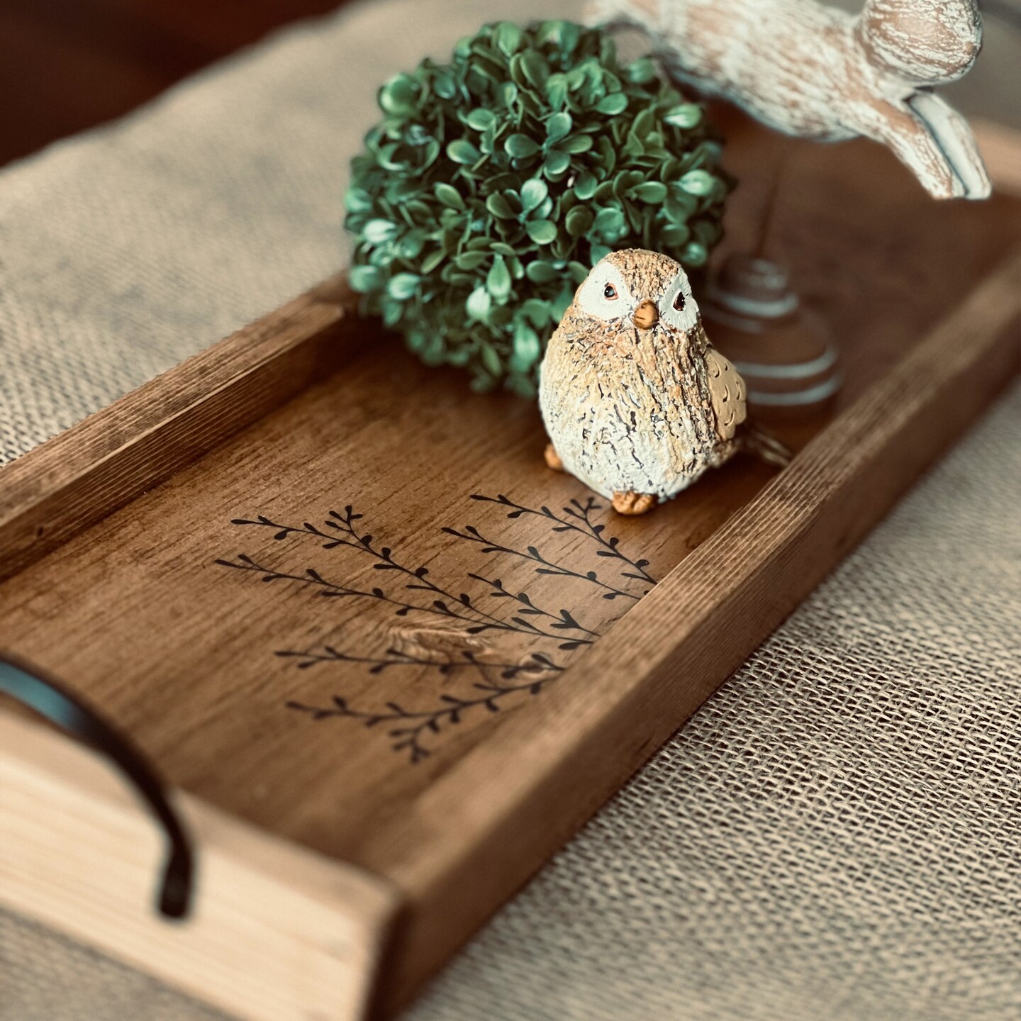 24 in Farmhouse Style Long Wood Tray with Basket Style Handles