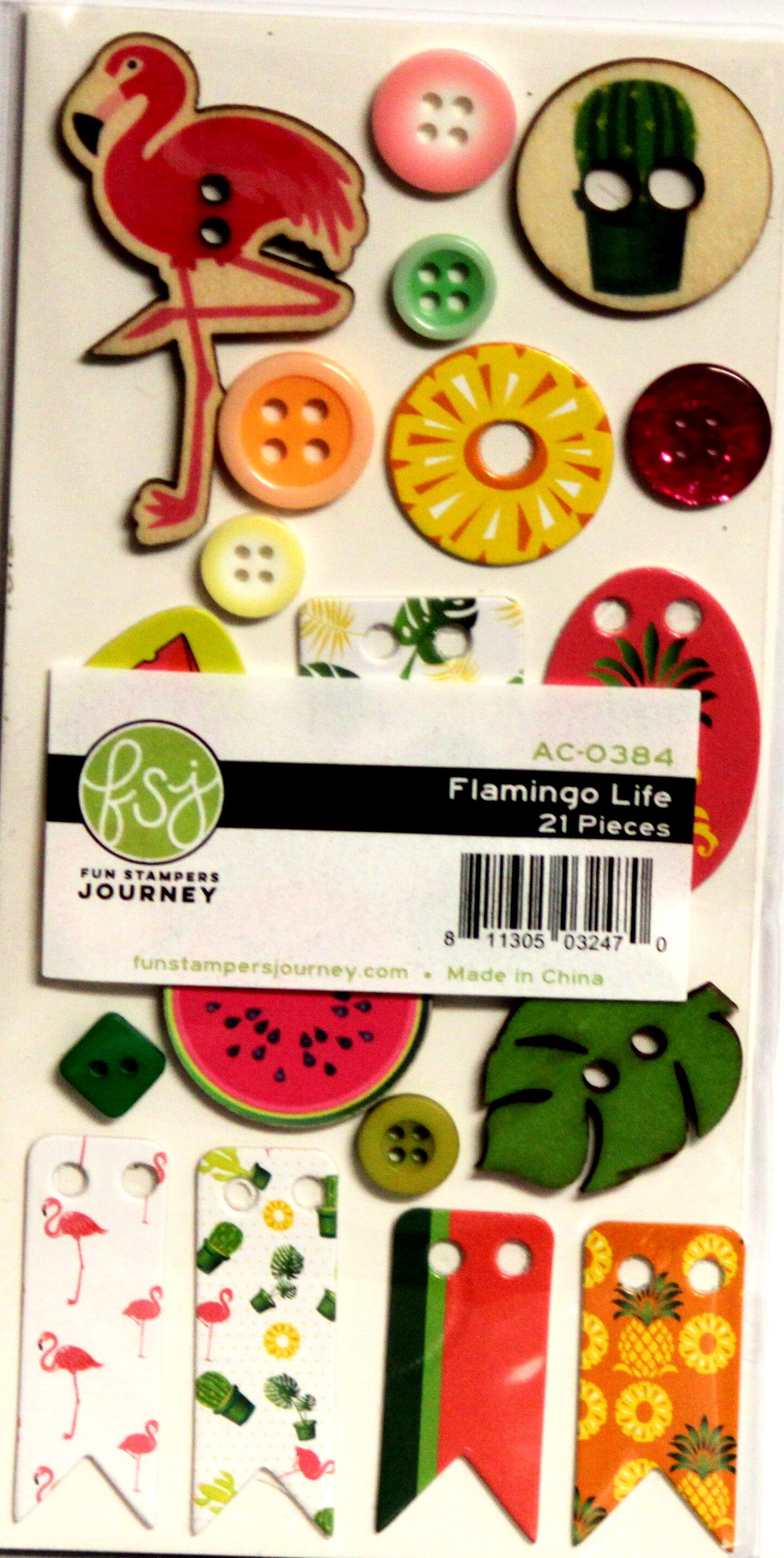 Fun Stampers Jouney Flamingo Life Adhesive Chipboard &#x26; Buttons Embellishments