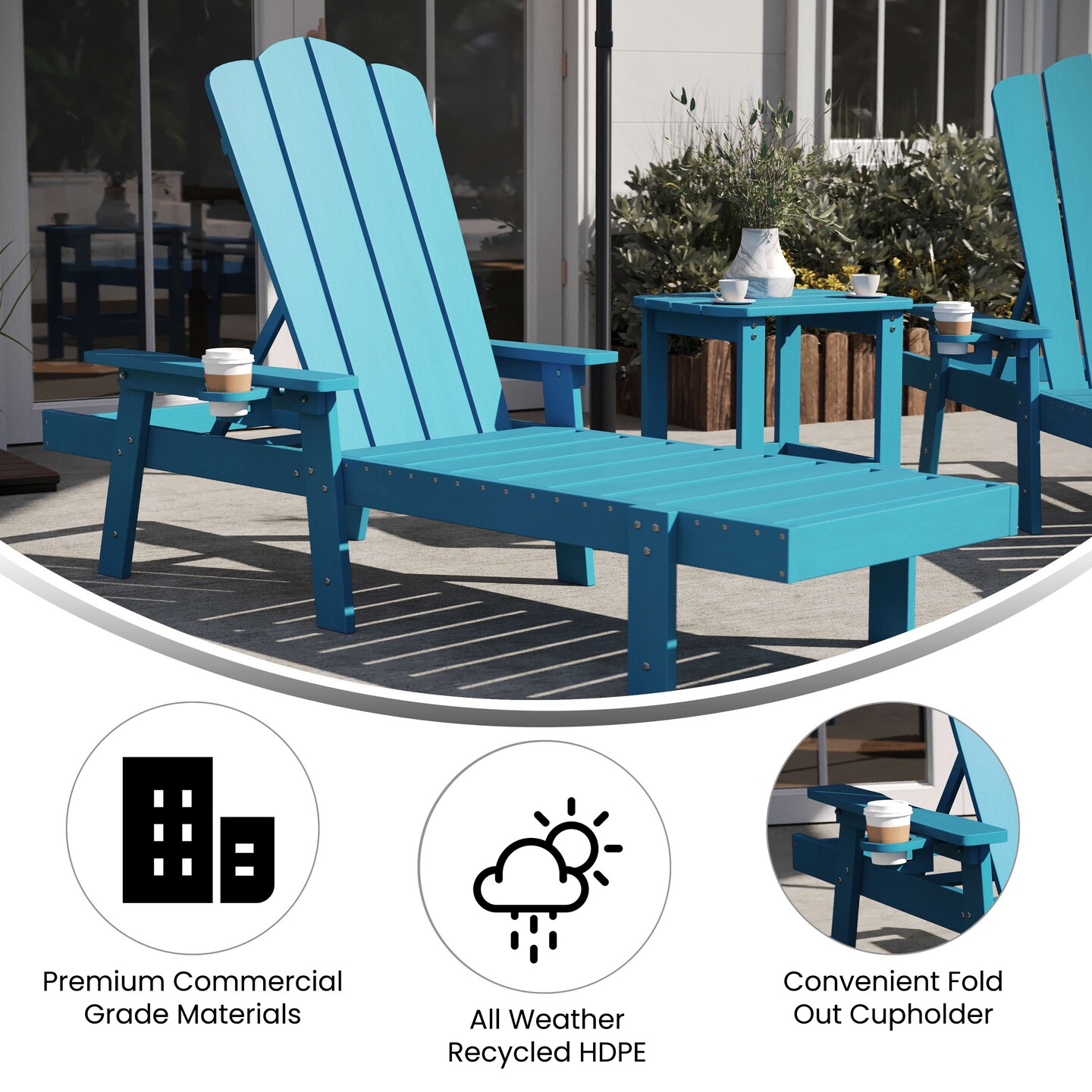 Merrick Lane Solvang 3-Piece Adirondack Chairs/Table Set for Indoor/Outdoor Use with 2 Adjustable Lounge Chairs with Cup Holders and Side Table with Shelf