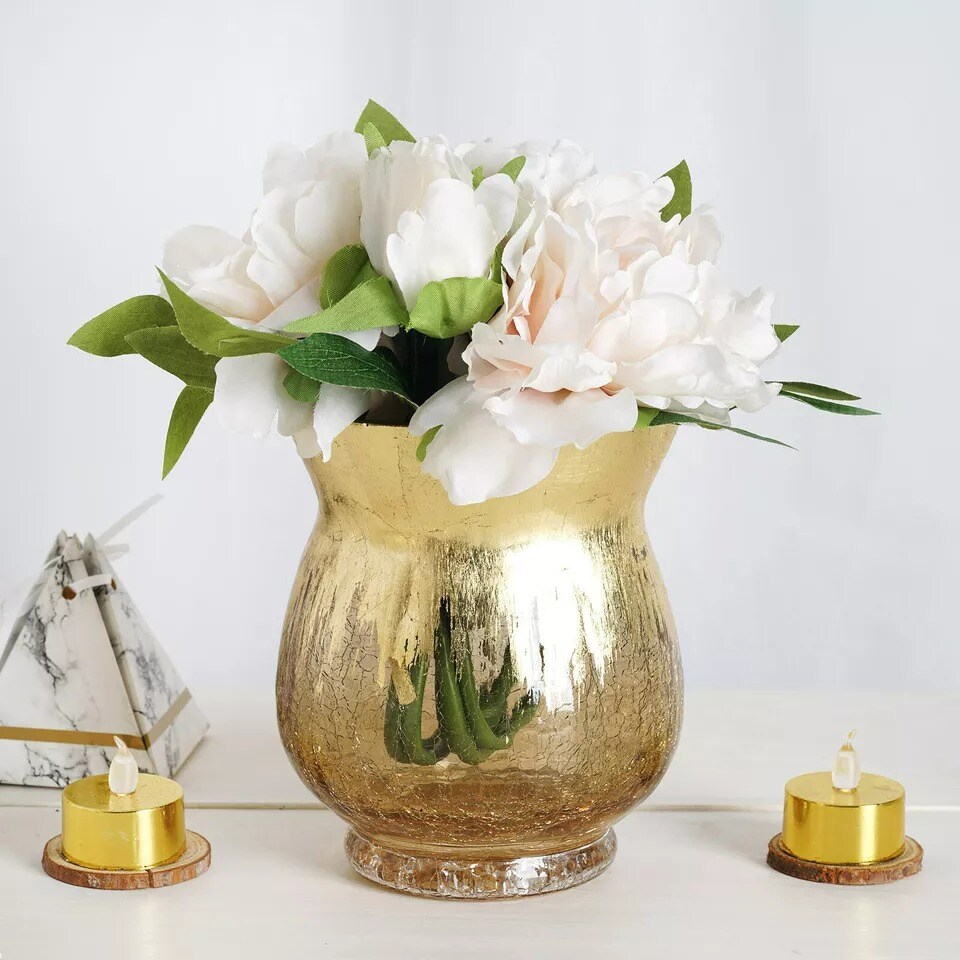 4 GOLD 6&#x22; tall Crackle Glass Candle Holders Vases