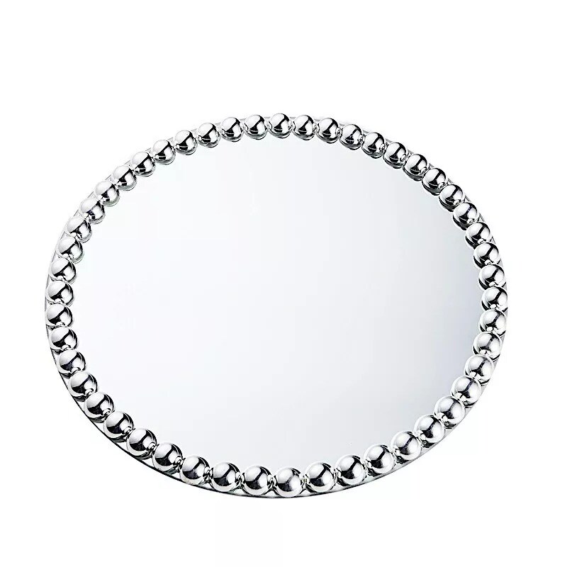 2 SILVER 13&#x22; Round Mirror Glass Charger Plates with Pearl Rim