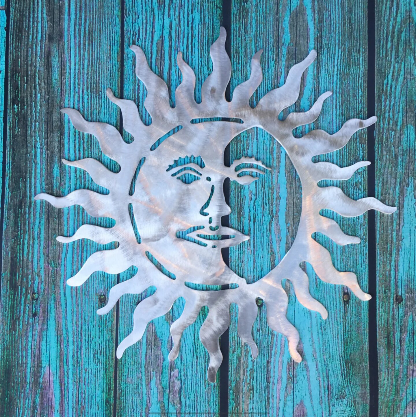 Sun, metal art, wall hanging for indoor or outdoor, aluminum, large 30 inch diameter, all handcrafted by 1 metal artisan