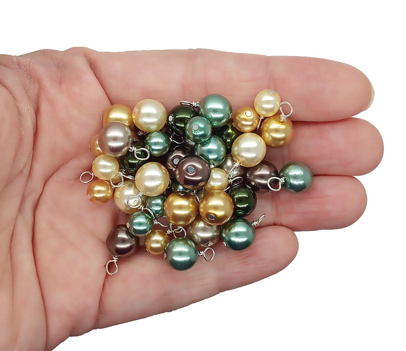 Pretty Bead Dangle Mix in Brown Gold & Green Glass Pearls, 20 pieces, Adorabilities