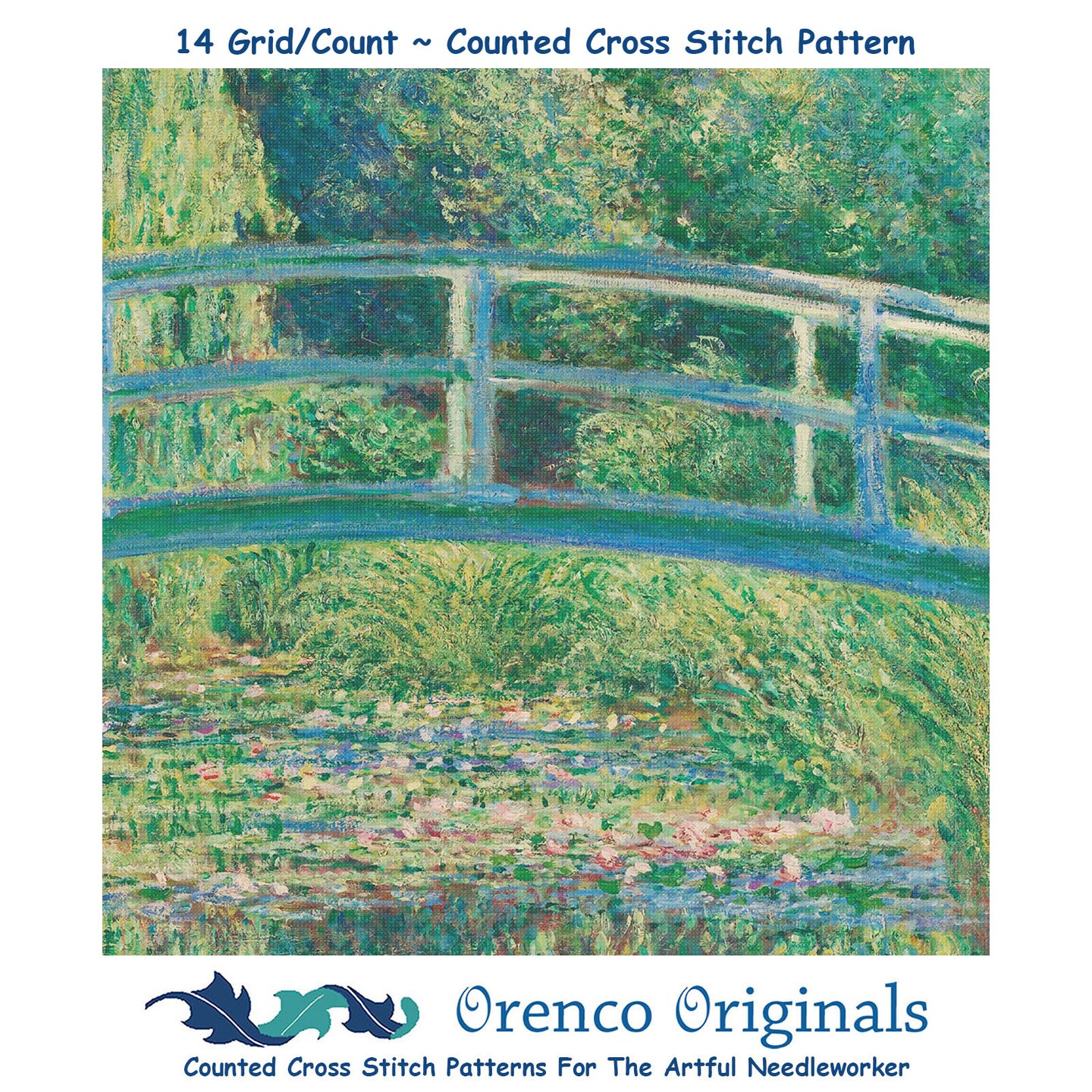 Bridge on Water Lily Pond inspired by Claude Monet's Impressionist painting Counted Cross Stitch Pattern