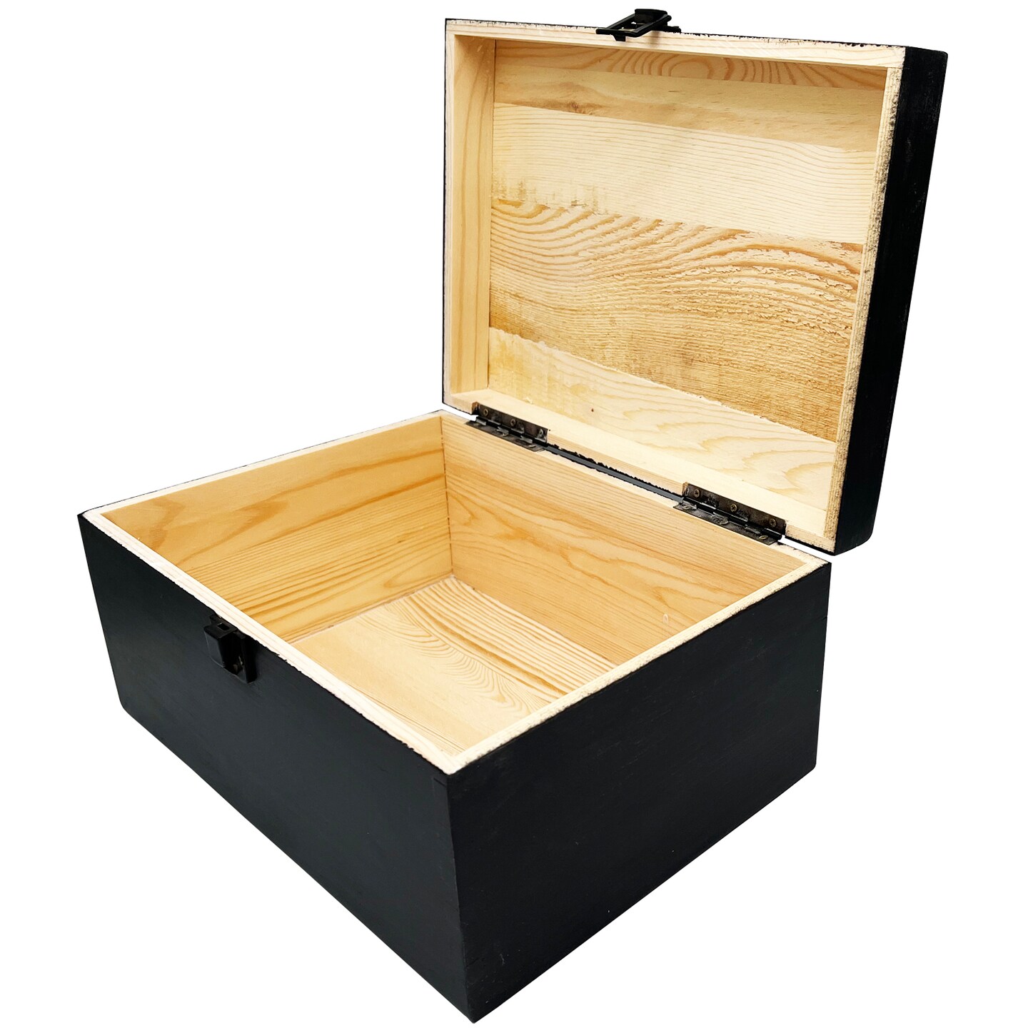 BLACK Large Rectangle Unfinished Pine Wood Box Natural DIY Craft Stash Boxes with Hinged Lid and Front Clasp for Arts, Hobbies, and Home Storage - 10.62" x 7.87" x 5.51" in Inches