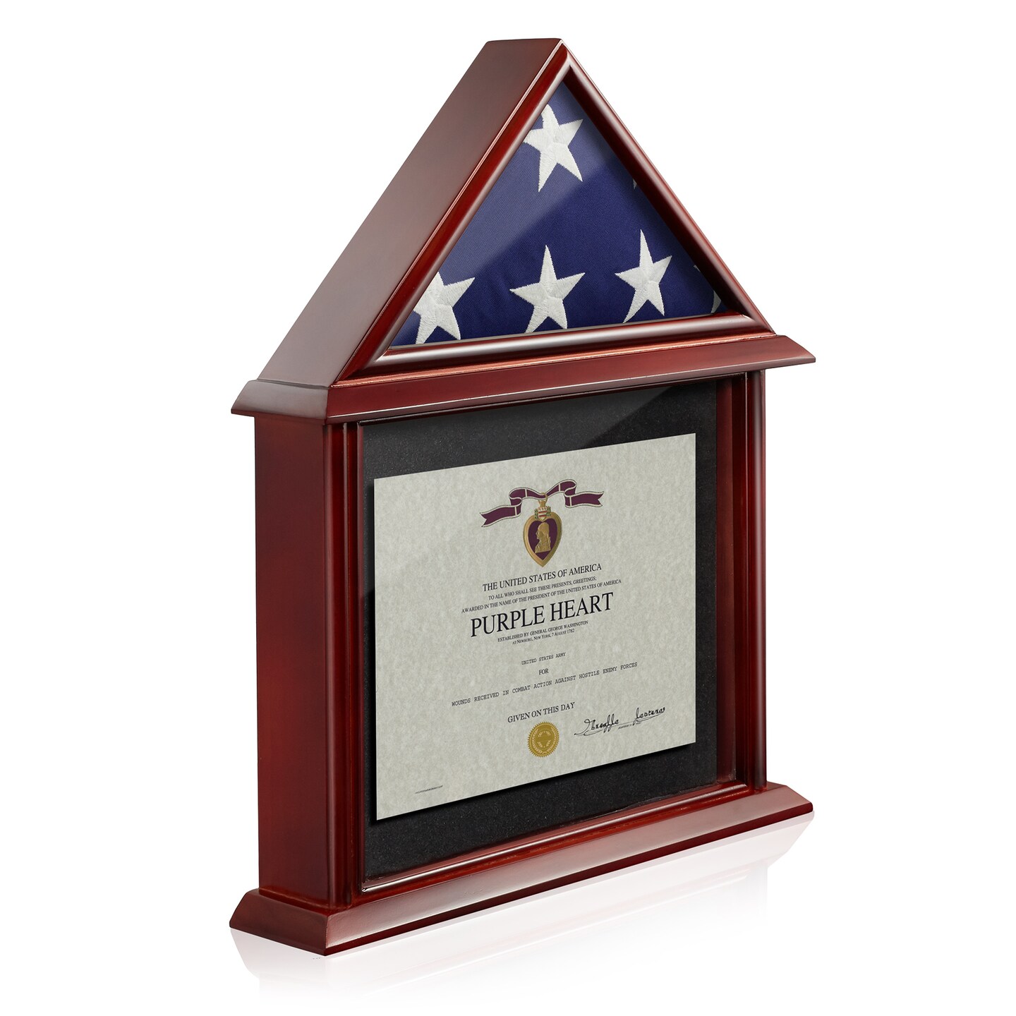 Reminded Flag and Certificate Shadow Box Display Case fits 3' x 5' Home Flown Flag, Solid Wood Mahogany Finish
