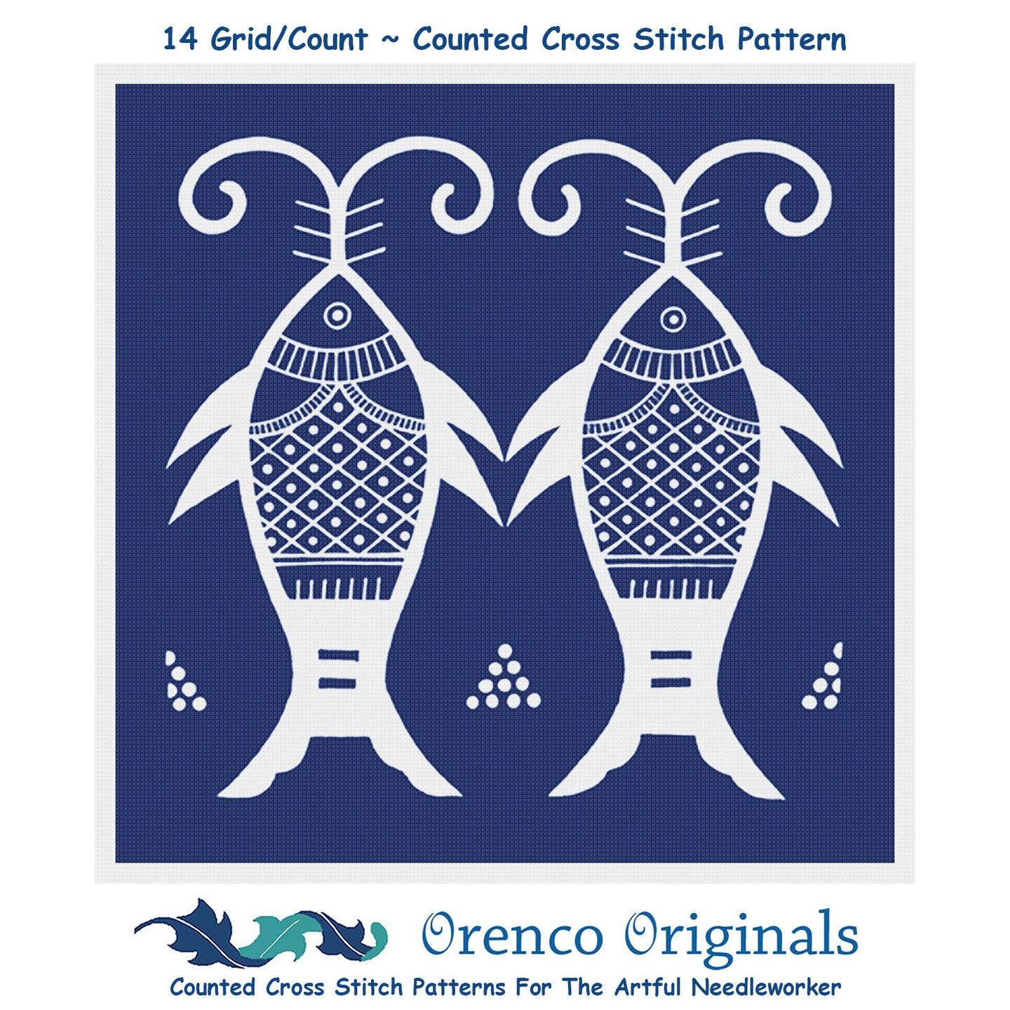 Asian Indigo 2 Fish Folk Art Design *2 DMC Colors* Counted Cross Stitch Pattern