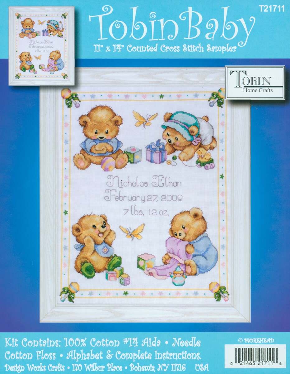 Tobin Counted Cross Stitch Kit 11"x14"-Baby Bears Birth Record