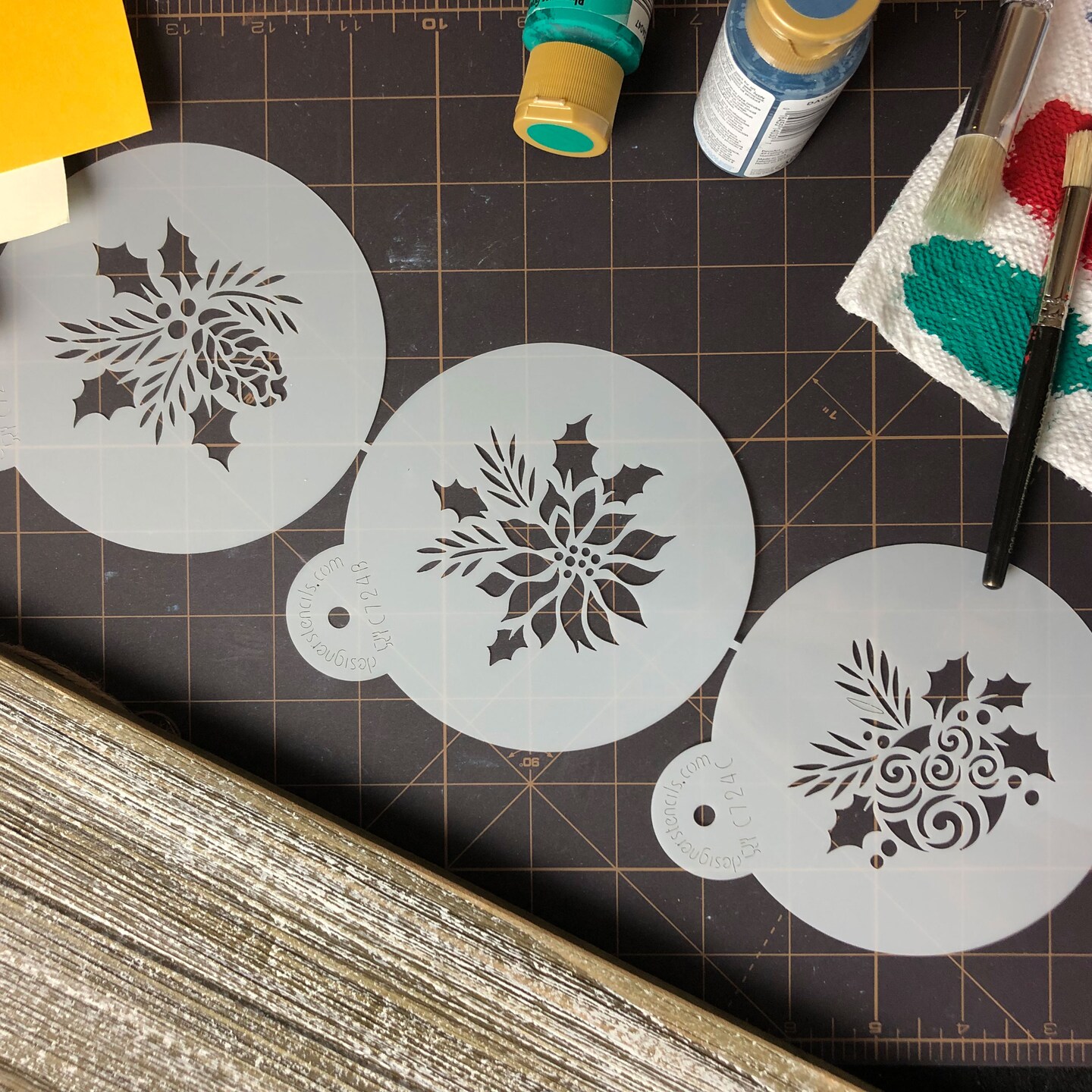 Forever Green Ornaments Cookie Stencils: Christmas Ball, Pinecone, Poinsettia | C724 by Designer Stencils | Cookie Decorating Tools |
