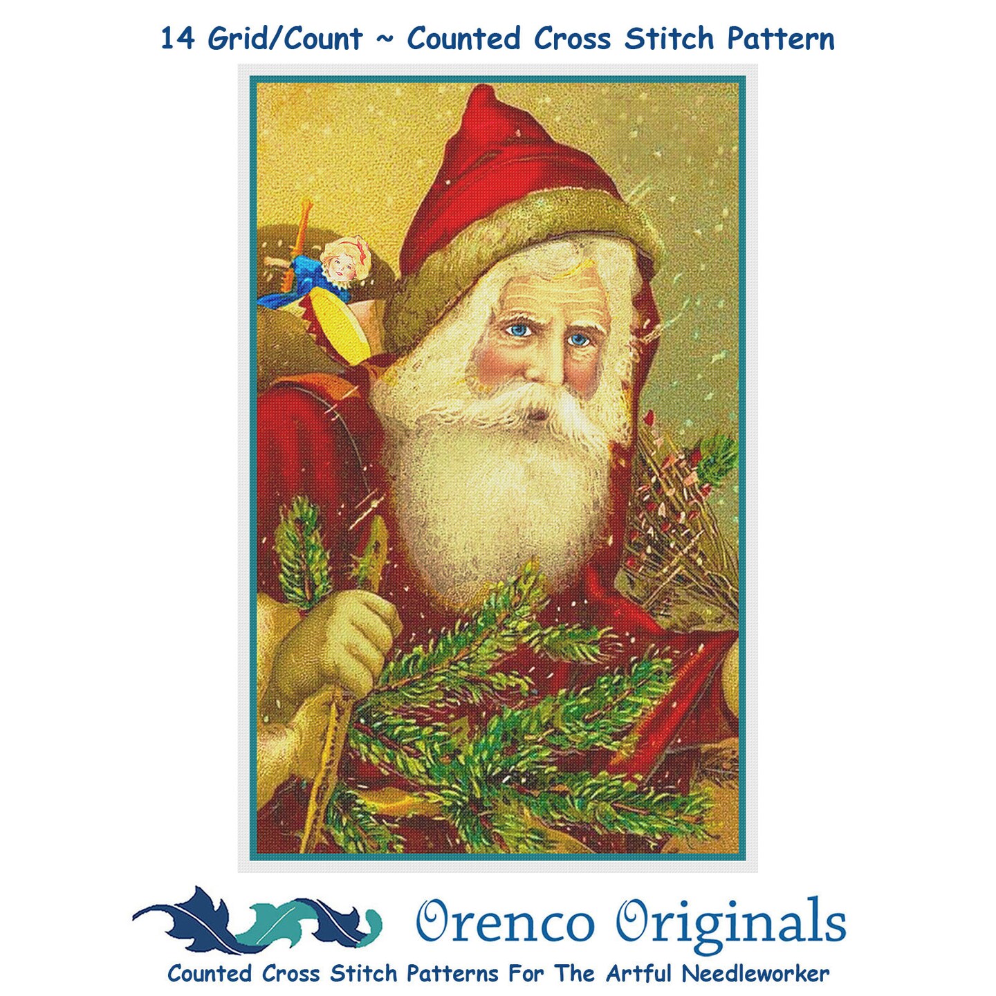 Victorian Father Christmas Santa In a Red Cape, Hat and Tree Counted Cross Stitch Pattern