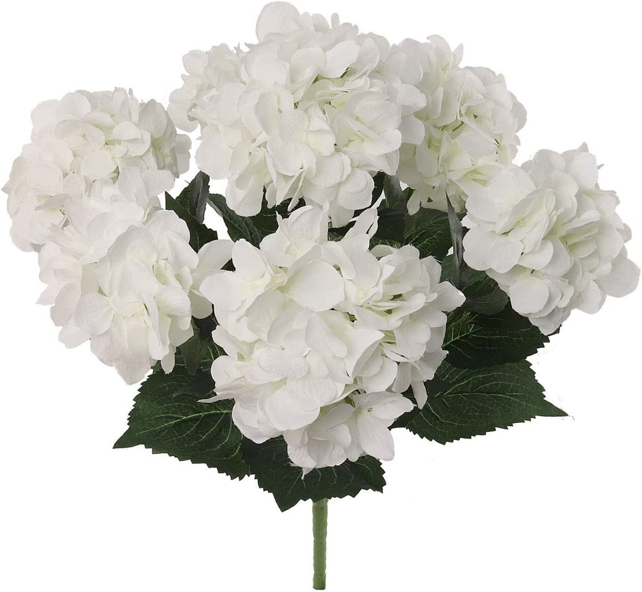 White Hydrangea Flower Bush 20Inch 7 Lifelike Silk Blooms & Foliage UV Resistant Indoor