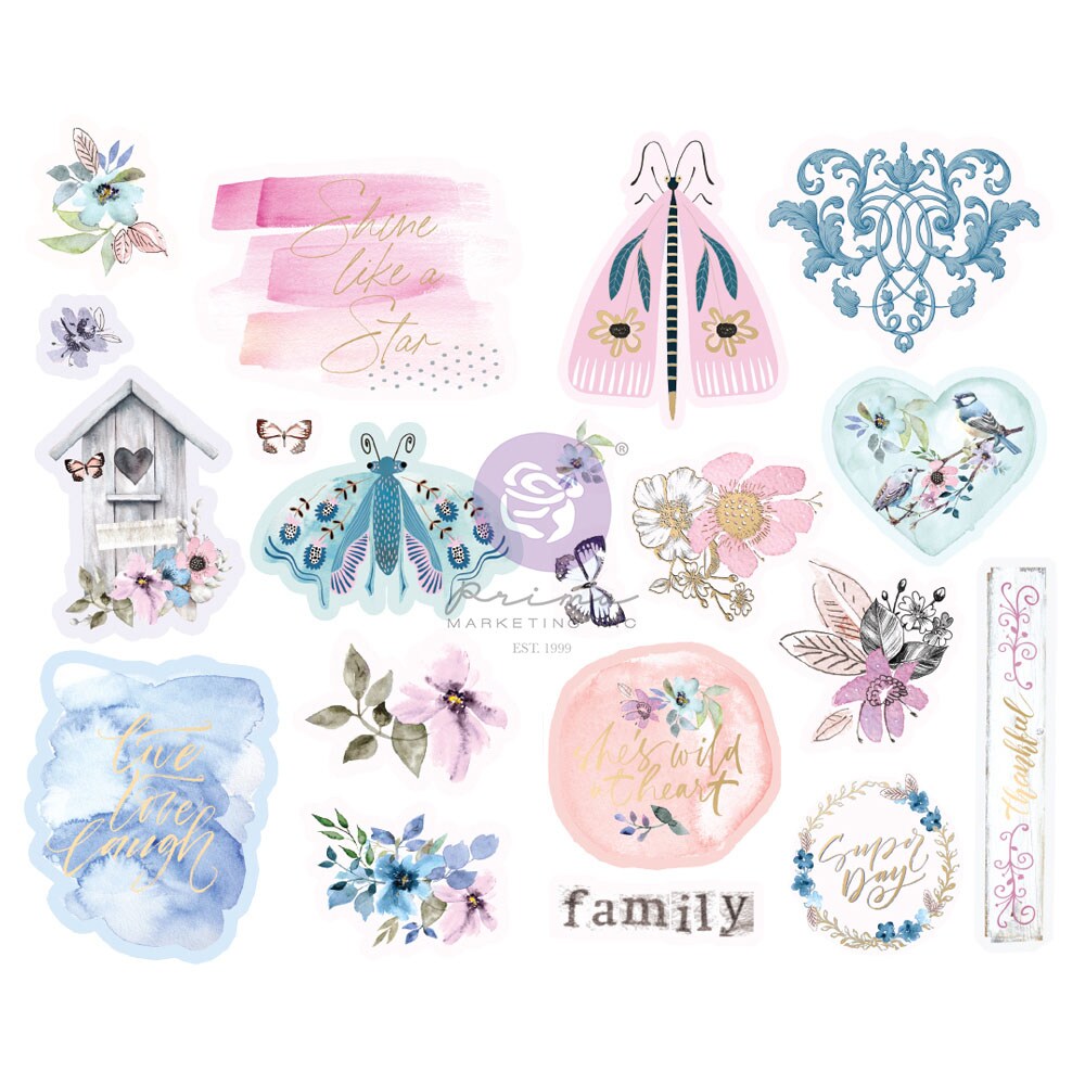 Prima Marketing Inc Watercolor Floral Collection Chipboard Stickers - 20 Pcs W/ Foil Details 655350651459