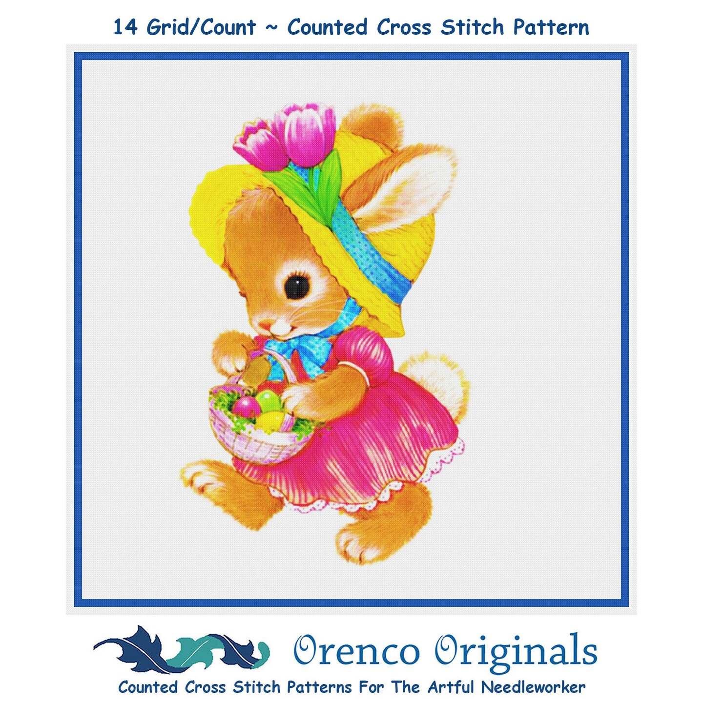 Contemporary Easter Bunny Pink Dress Basket of Eggs Counted Cross Stitch Pattern