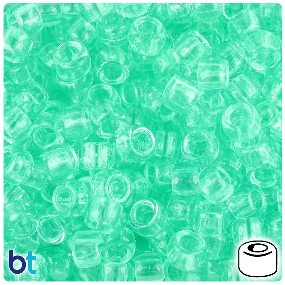 BeadTin Green Aqua Transparent 9mm Barrel Plastic Pony Beads (500pcs)