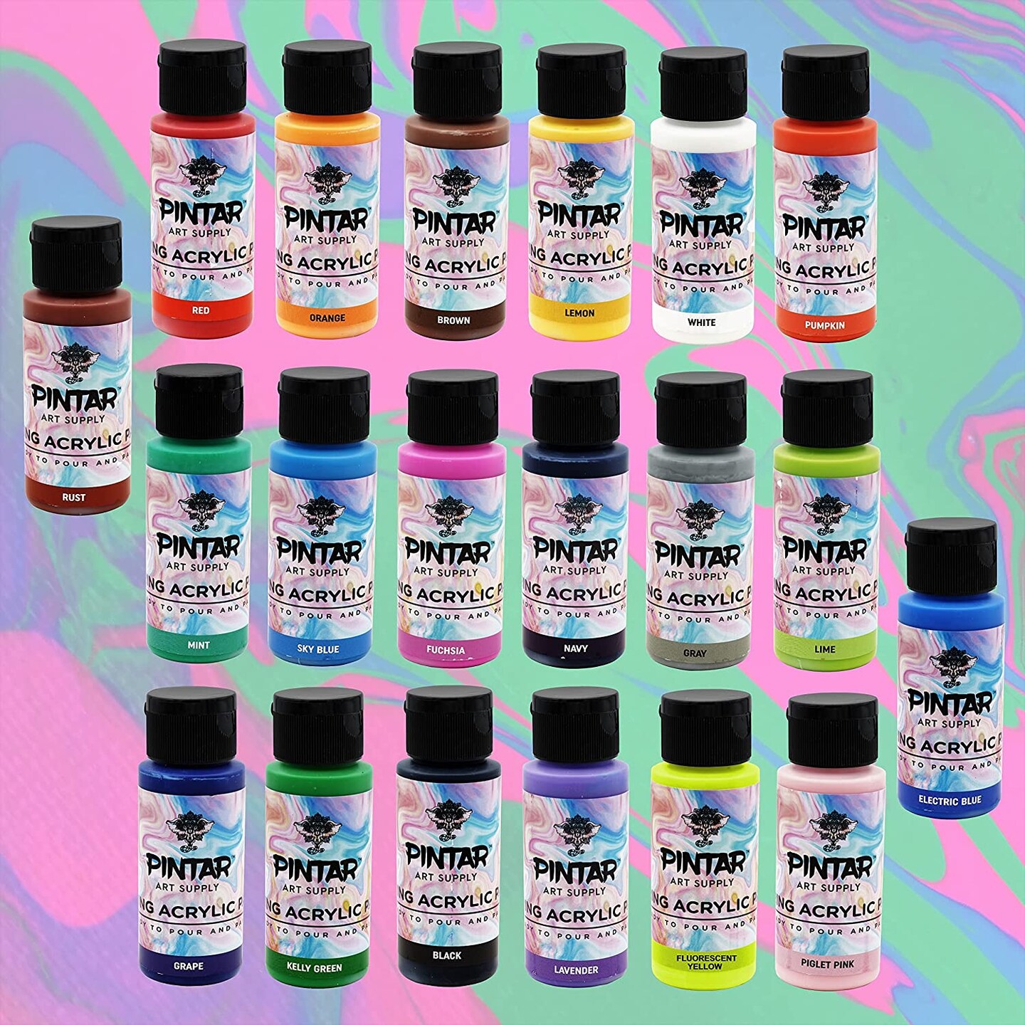 Pintar Art Supply Acrylic Pouring Paints, Set of 20 Colors | High Flow, Easy Pour Acrylic Paint| Pre-mixed, Water-Based Craft Paint, 2oz Bottle Assortment of 20 Colors