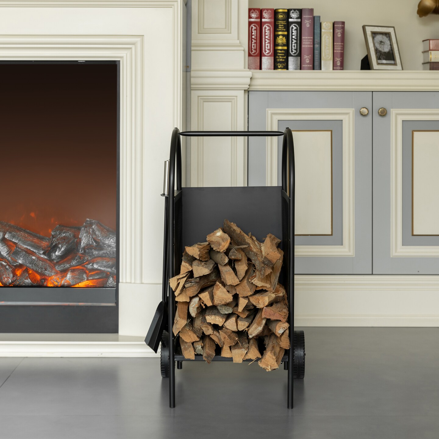 Indoor and Outdoor Patio Iron Firewood Log Cart with Wheels and Fireplace Tool Set, Black