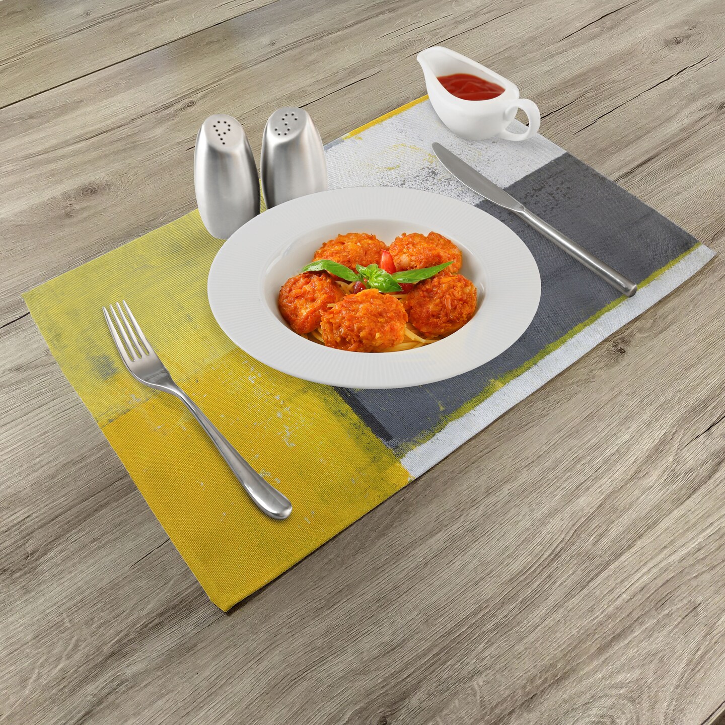 Ambesonne Grey and Yellow Place Mats Set of 4, Street Art Modern Grunge Abstract Design Squares, Washable Fabric Placemats for Dining Table, Standard Size, Grey Yellow