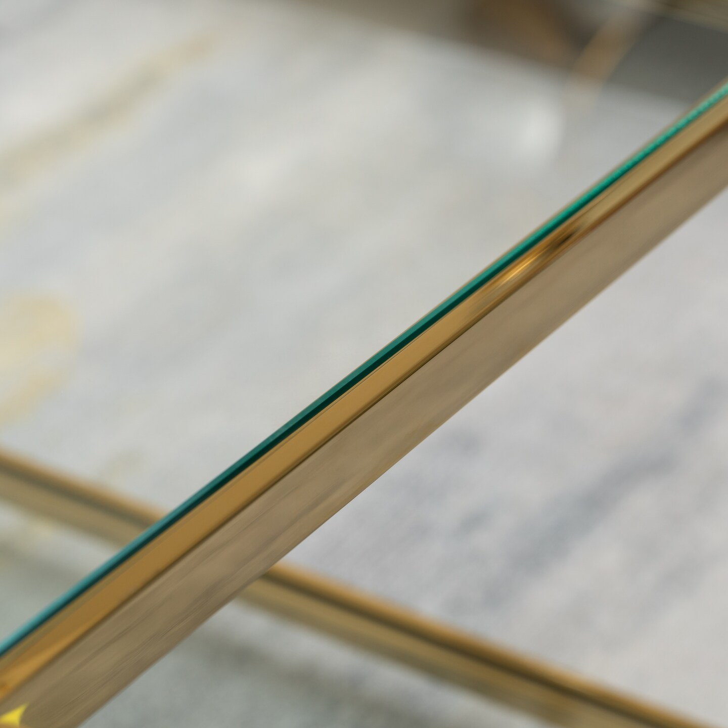 Acrylic Rectangular Modern Gold Metal Coffee Table with Tempered Glass and Shelf for Office, Dining Room, Entryway