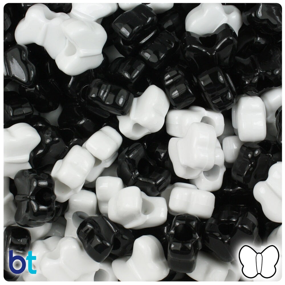 BeadTin Black &#x26; White Opaque 13mm Butterfly Plastic Pony Beads (250pcs)
