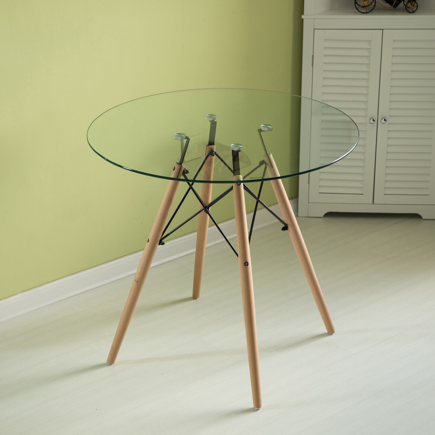 Round Clear Glass Top Accent Dining Table with 4 Beech Solid Wood Legs | Modern Space Saving Small Leisure Circle Desk 31.5" Dia x 29.25" H for Kitchen Dining Room, Living Room