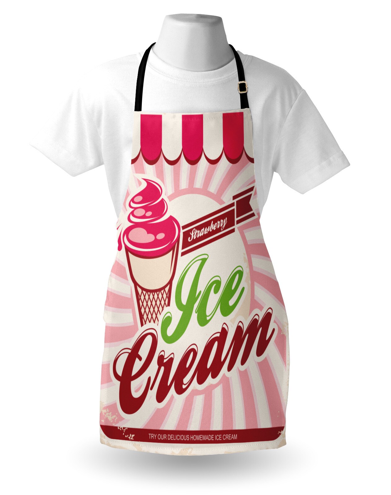 Ambesonne Ice Cream Apron, Retro Style Strawberry Ice Cream Logo in Soft Tones Homemade Pop Art, Unisex Kitchen Bib with Adjustable Neck for Cooking Gardening, Adult Size, Hot Pink Maroon Cream