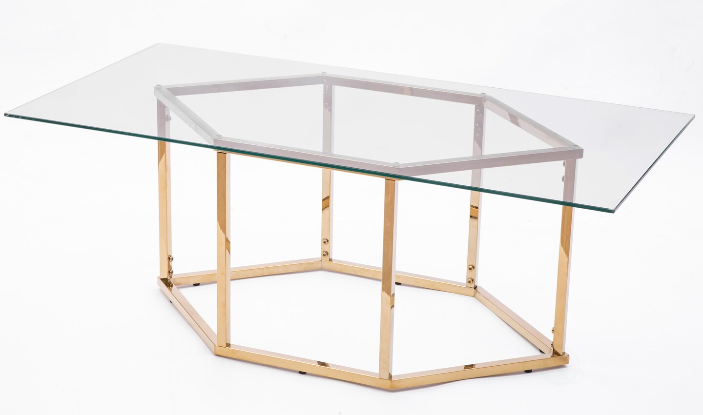 Rectangular Glass Top Hexagon Gold Stainless Steel Metal Base Coffee Table