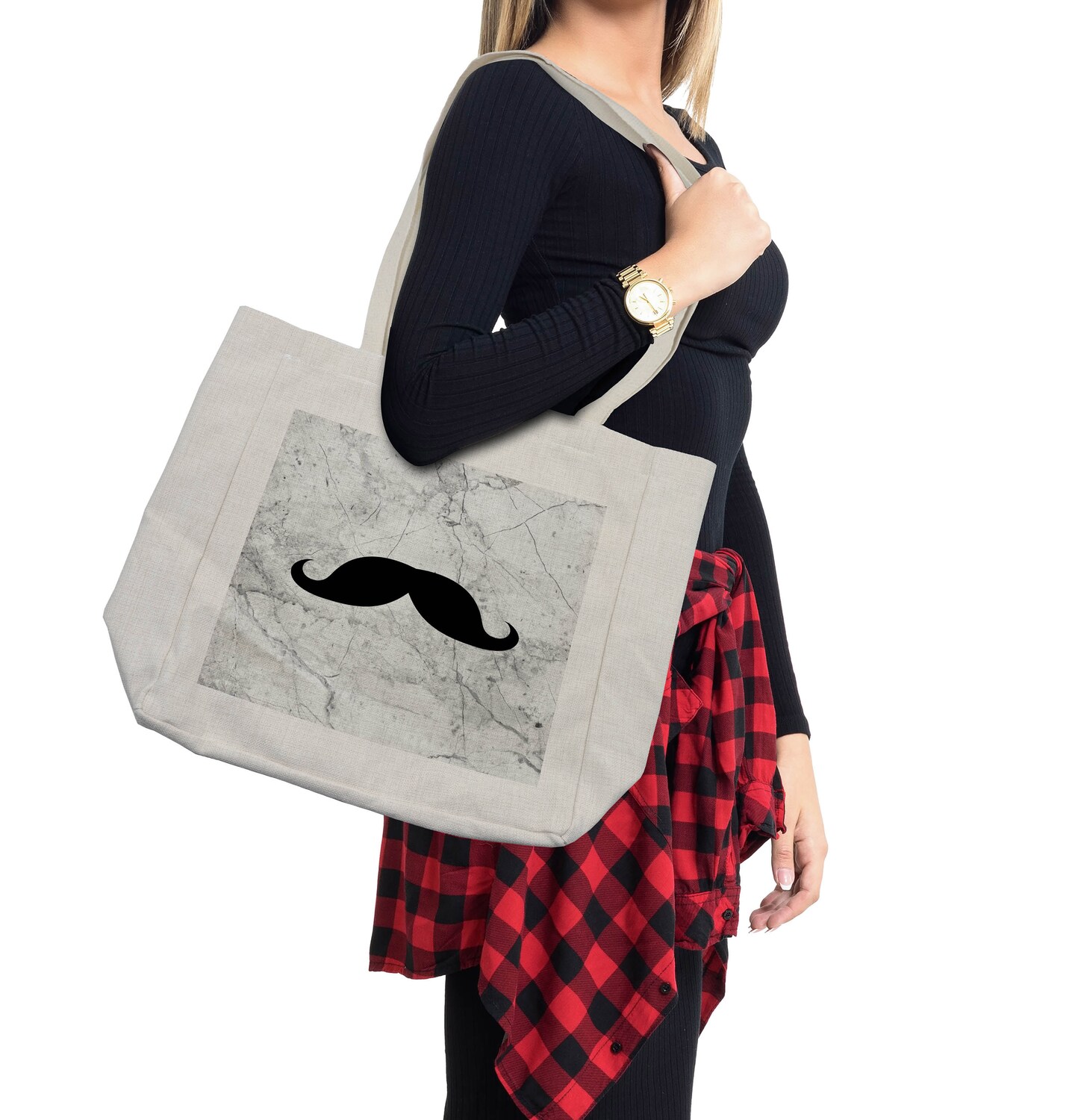 Ambesonne Manly Shopping Bag, Simplistic Retro Mustache on Realistic Grunge Marble Look Backdrop, Eco-Friendly Reusable Bag for Groceries Beach and More, 15.5&#x22; X 14.5&#x22;, Grey Black White