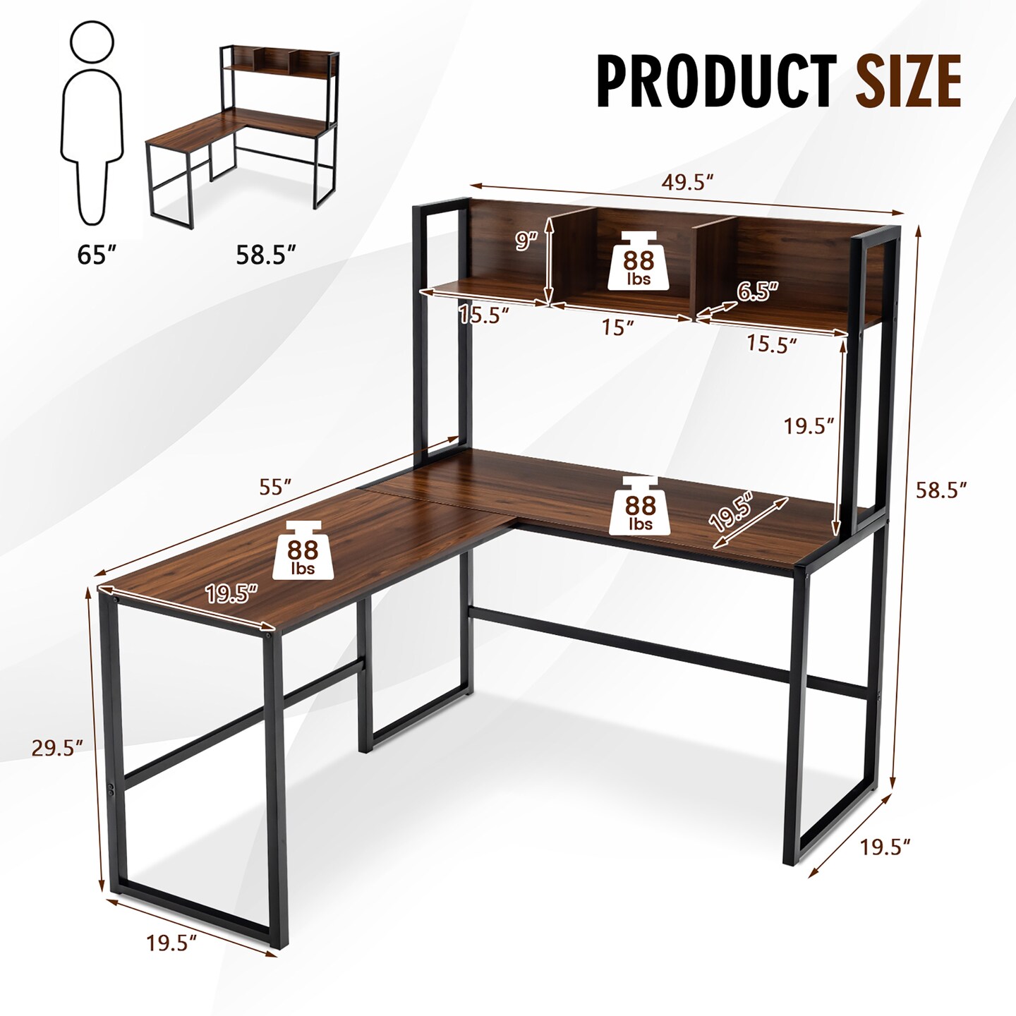 Costway 55&#x27;&#x27;L-Shaped Desk Corner Computer Desk Writing Workstation Table w/Hutch