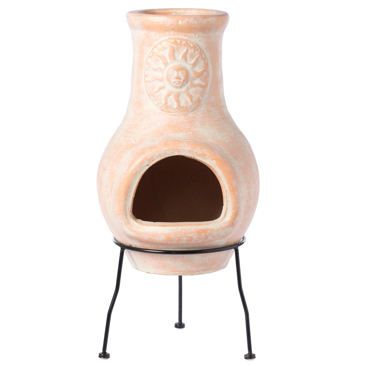 Beige Outdoor Clay Ciminea Outdoor Fireplace Sun Design Charcoal Burning Fire Pit with Sturdy Metal Stand, Barbecue, Cocktail Party, Family Gathering, Cozy Nights Fire Pit