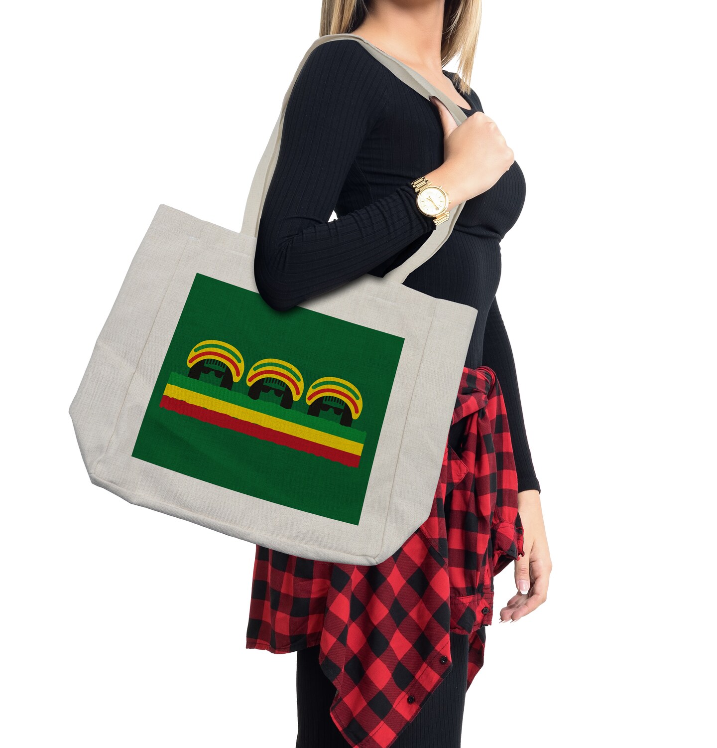 Ambesonne Jamaican Shopping Bag, Jamaican Reggae Culture Inspired Minimal Head Shapes with Hats Country Flag, Eco-Friendly Reusable Bag for Groceries Beach and More, 15.5&#x22; X 14.5&#x22;, Green Multicolor