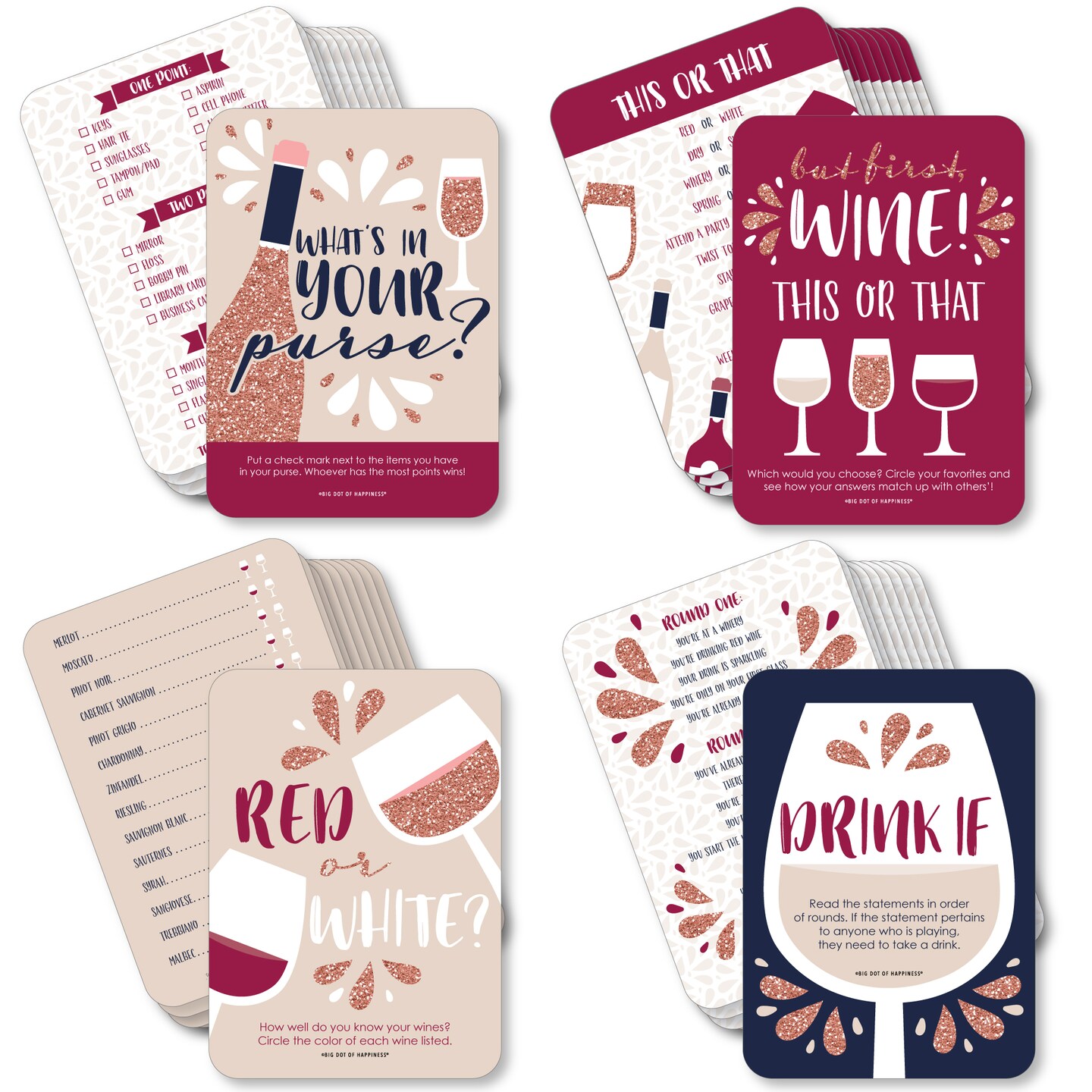 Big Dot of Happiness But First, Wine - 4 Wine Tasting Party Games - 10 Cards Each - Gamerific Bundle