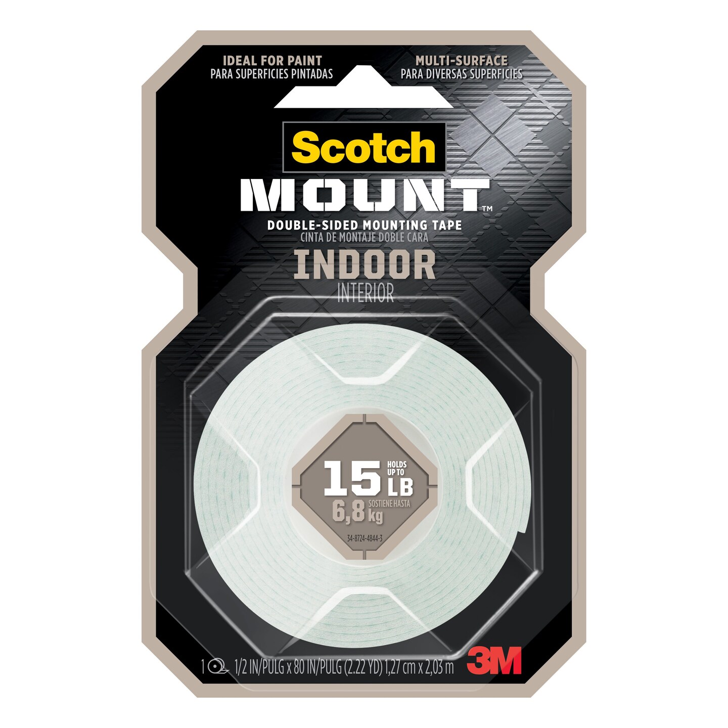 3M Scotch Indoor Double-Sided Mounting Tape, 1/2&#x22; x 80&#x22; Roll