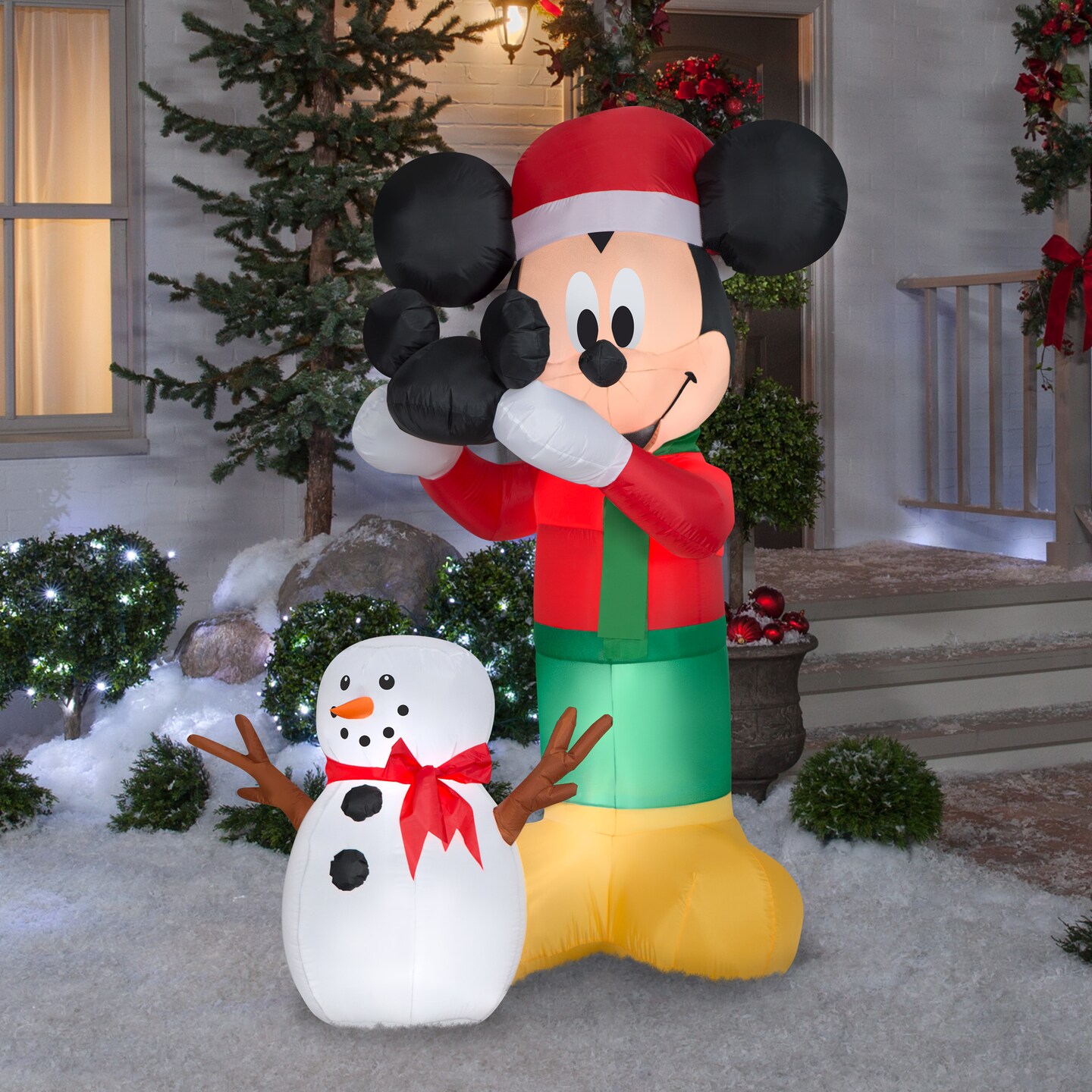 6&#x27; Gemmy Airblown Christmas Animated Mickey Putting Mickey Ears Hat On Snowman 117107
